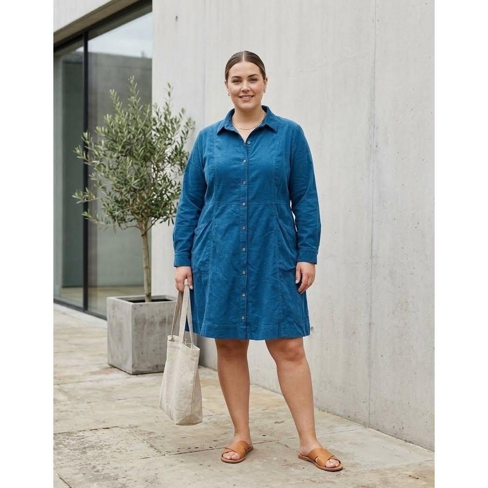 J Jill Shirt Dress Women 3X Blue Corduroy Button Front Long Sleeve Minimalist